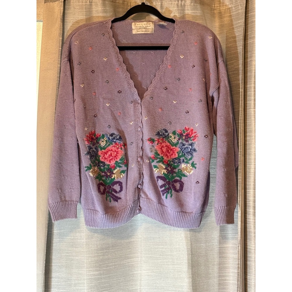VTG Portraits by Northern Isles Hand Knit Floral Cardigan Sweater Lavender Sz L